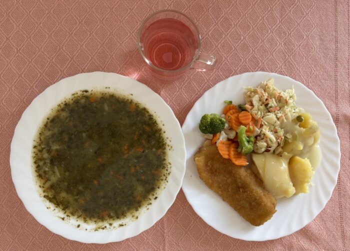 Szpinakowa, filet rybny panierowany, ziemniaki, warzywa gotowane, kapusta, kompot